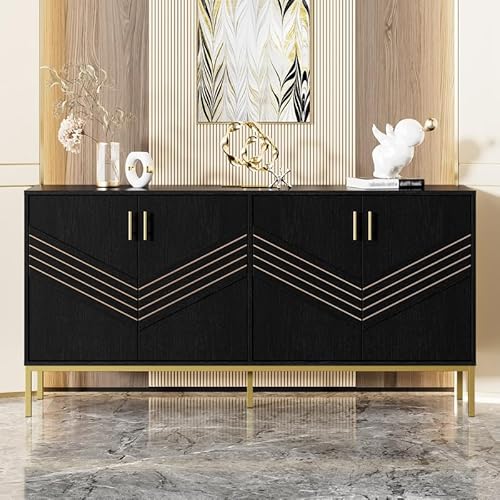 LORISMAI Modernes Sideboard mit 4 Türen – Stilvolles Design in Schwarz & Gold, MDF-Korpus mit Metallbeinen, große Kapazität, höhenverstellbare Regale von LORISMAI