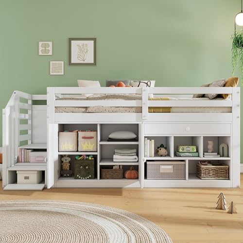 LORISMAI Multifunktionales Kinderbett aus Holz, mit Treppe und Stauraum, Treppen/Schränke Links und rechts austauschbar, 90 * 200, weiß von LORISMAI