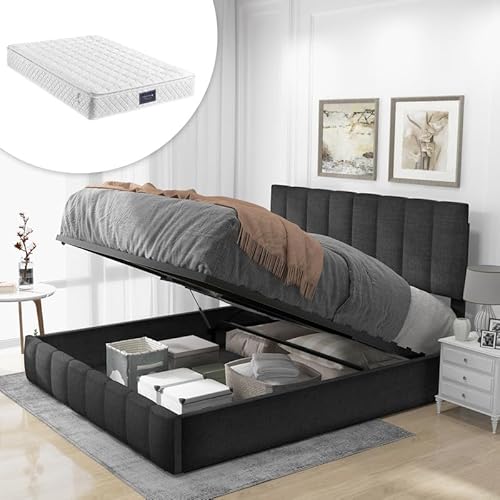 LORISMAI Polsterbett Doppelbett 140x200cm, Verstellbares Kopfteil, Bett mit Lattenrost aus Metallrahmen, Leinenmaterial, Modernes Bettgestell mit Stauraum,Grau(Mit Matratze) von LORISMAI