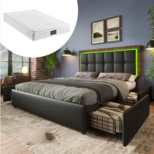 LORISMAI Polsterbett Doppelbett 160x200cm, Bettgestell mit LED-Beleuchtungsleiste und 4 Schubladen, Höhenverstellbarem Kopfteil, Funktionsbett, PU Schwarz (Mit Matratze) von LORISMAI