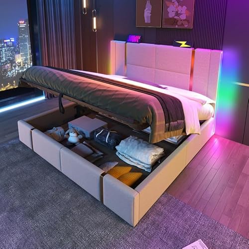 LORISMAI Polsterbett Doppelbett USB Type C Ladefunktion APP-Control LED 160×200 Stauraumbetten Bettgestell, Lattenrost aus Holz,Beige Leinenmaterial (Ohne Matratze) von LORISMAI