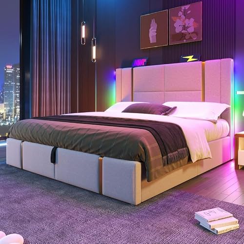 LORISMAI Polsterbett Doppelbett USB Type C Ladefunktion APP-Control LED 180×200 Stauraumbetten Bettgestell, Lattenrost aus Holz,Beige Leinenmaterial (Ohne Matratze) von LORISMAI