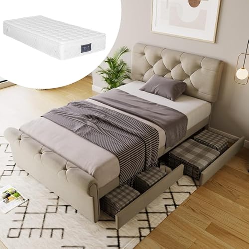 LORISMAI Polsterbett Einzelbett 90x200cm, Bettgestell mit 2 Schubladen, Höhenverstellbarem Kopfteil, Natürlich, Inklusive Matratze LORISMAI Polsterbett Einzelbett 90x200cm, Bettgestell mit 2 Schubladen, Höhenverstellbarem Kopfteil, Natürlich, Inklusive Matratze von LORISMAI