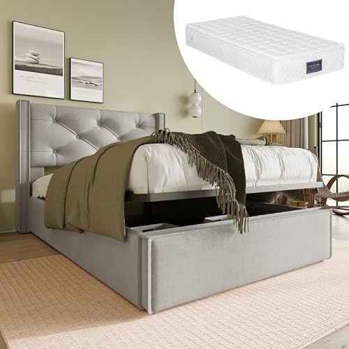 LORISMAI Polsterbett Einzelbett 90x200cm,Bett mit Lattenrost aus Metallrahmen, Modernes Bettgestell mit Stauraum, Baumwolle, HellGrau(Mit Matratze) von LORISMAI