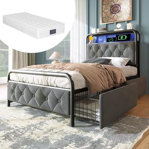 LORISMAI Polsterbett Einzelbett mit Aufladen USB Type C Ladefunktion APP-Control LED Bettgestell Metallbett 90×200CM Bettrahmen und 2 Schubladen, Grey(Mit Matratze) von LORISMAI