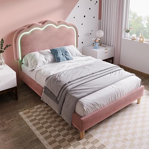LORISMAI Polsterbett LED Doppelbett 140 x 200cm, Bettgestell mit Lattenrost und Verstellbares Kopfteil, Gepolstertes Bett in Rosa,Bettrahmen Jugendbett für Schlafzimmer Gästezimmer-Samt von LORISMAI