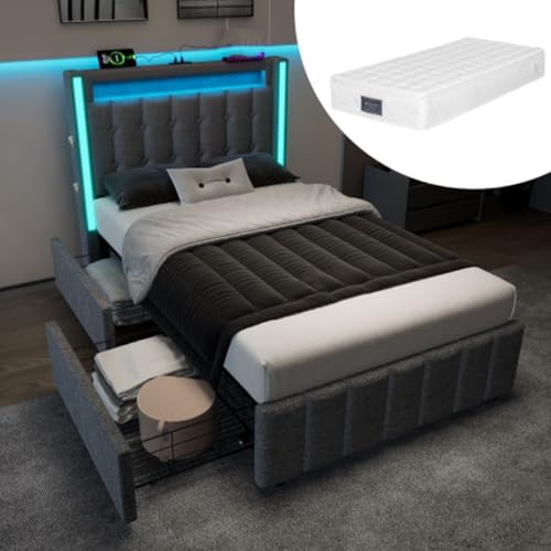 LORISMAI Polsterbett USB Typ C Ladefunktion LED-Beleuchtung und 2 Schubladen - Jugendbetten 90x200cm - Grau (Mit Matratze) von LORISMAI