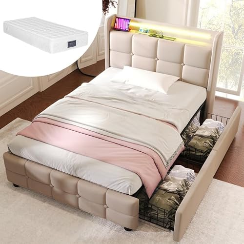 LORISMAI Polsterbett mit Aufladen USB Ladefunktion Kopfteil und LED-Beleuchtung und 2 Schubladen,Einzelbett 90x200cm Stauraumbetten Bettgestell, Lattenrost aus Holz, Beige (Mit Matratze) von LORISMAI