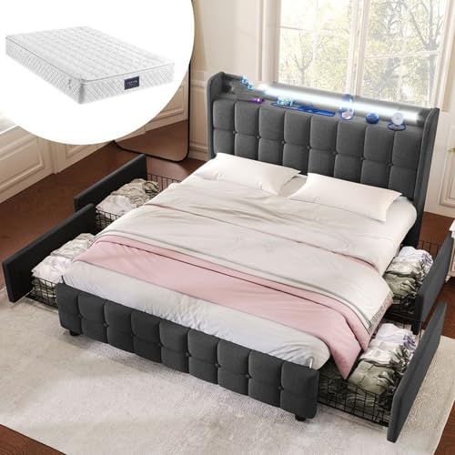 LORISMAI Polsterbett mit Aufladen USB Ladefunktion Kopfteil und LED-Beleuchtung und 4 Schubladen,Doppelbett 160x200cm Stauraumbetten Bettgestell,Lattenrost aus Holz,Grau (Mit Matratze) von LORISMAI