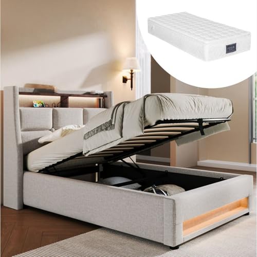 LORISMAI Polsterbett mit USB 90x200cm,LED Einzelbett mit Lattenrost aus Metallrahmen,Bettgestell aus Leinenmaterial Jugendbett,Beige(Mit Matratze) von LORISMAI