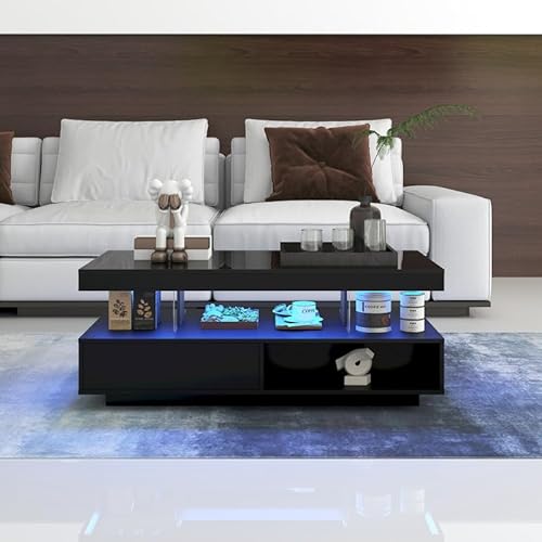 LORISMAI Schwarzer Hochglanz Couchtisch 95x50x42,5 cm - mit 4 Glasplatten, 2 Schubladen und 2 offenen Fächern, Unterschrank im Wohnzimmer von LORISMAI