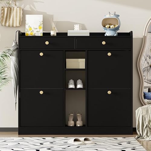 LORISMAI Schwarzer Schuhschrank mit 4 Klapptüren, 2 Schubladen, 3 offenen Fächern - perfekt für Moderne Flure und Eingangsbereiche, Maße 110 x 26 x 100 cm LORISMAI Schwarzer Schuhschrank mit 4 Klapptüren, 2 Schubladen, 3 offenen Fächern - perfekt für Moderne Flure und Eingangsbereiche, Maße 110 x 26 x 100 cm von LORISMAI