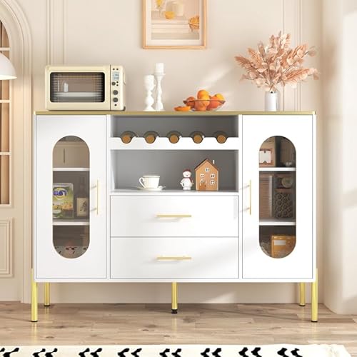 LORISMAI Sideboard, Glasfronten & Weinregal – Sideboard für Esszimmer & Wohnzimmer – Verstellbarer Fuß – Viel Stauraum & modernes Design,Weißes von LORISMAI