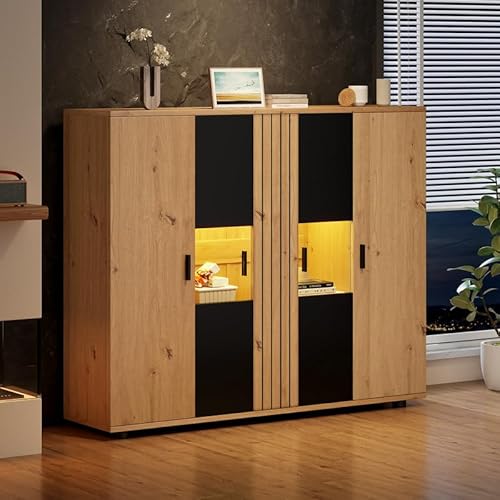 LORISMAI Sideboard,140x35x113cm Wohnzimmerseitenschrank,Wohnraum-Beistellschrank mit Trennwand-Design und verstellbaren Trennwänden, Schwarz + Holzfarbe und 4 Türen von LORISMAI