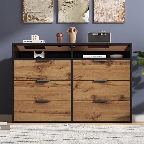 LORISMAI Sideboard,Kommode aus Bernstein Glas, Sideboard mit Metallgriffen, Kommode mit 6 Schubladen und 2 Fächern, kippsicher, 120 x 40 x 80 cm, Eiche von LORISMAI
