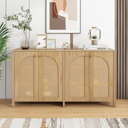 LORISMAI Sideboard,Modernes im minimalistischen Stil 4-Rattantür, Metallgriff einfaches Buffetschrank für Esszimmer, Wohnzimmer, Küche (Gelb) von LORISMAI