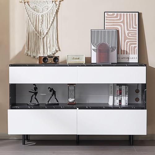 LORISMAI Sideboard,in schwarzem Marmor-Design mit offenem Stauraum, 4 Schubladen und LED-Beleuchtung, Stabiler Metallrahmen und Kippschutz,150 x 35 x 89.5cm von LORISMAI