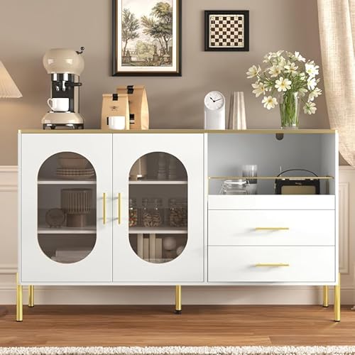 LORISMAI Sideboard-Schrank mit 2 Schubladen & 2 Glastüren – Moderne Kommode in Weiß mit Goldakzenten – Viel Stauraum – Für Wohnzimmer, Esszimmer, Flur von LORISMAI
