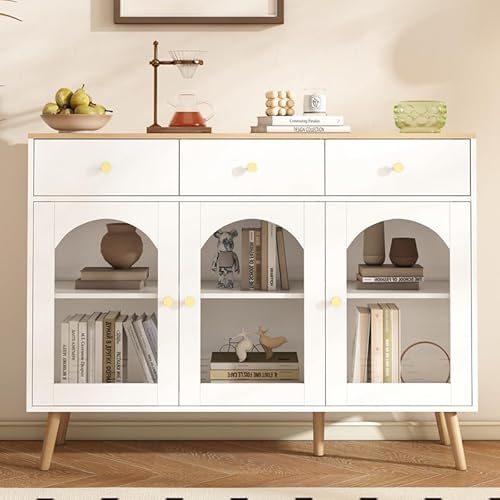 LORISMAI Sideboard mit 3 Schubladen und 3 gebogenen Türen mit breitem Schrank aus gehärtetem Glas für Buffettische in Küchen und Esszimmern, weiß und Natur von LORISMAI