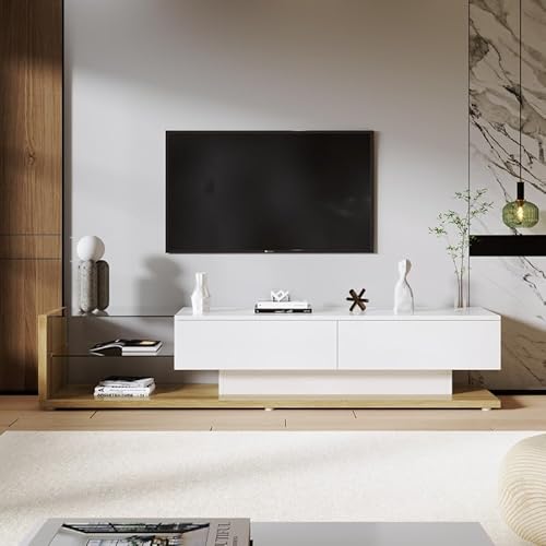 LORISMAI TV-Schränke, Lowboards, Kombination aus Hochglanzweiß und Holzfarben. Glastrennwände und Variable LED-Beleuchtung,TV-Möbel,TV Tisch,Fernsehschrank von LORISMAI