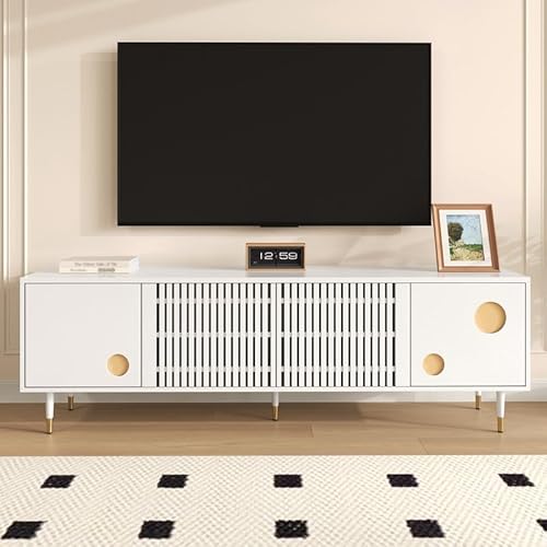 LORISMAI TV-Schrank, TV-Möbel mit Gitterstruktur, versteckten Griffen, Golddekor, Wohnzimmermöbel,Zwei Türen aus Massivholz,Weiß von LORISMAI