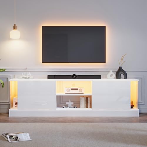LORISMAI TV-Schrank, Weißer Hochglanz geeignet für Fernseher bis 70 Zoll, bodenstehender TV-Ständer, Wohnzimmer-TV-Schrank mit LED-Aufbewahrungsfunktion von LORISMAI