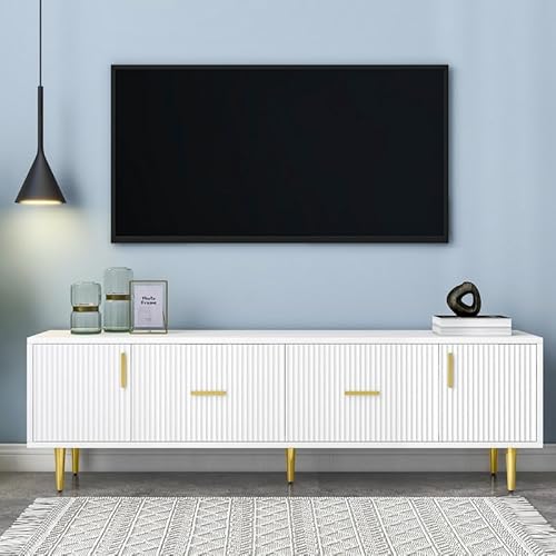 LORISMAI TV-Schrank,170 cm Langer weißer TV-Ständer für 70-Zoll-TV, goldene Griffe, stilvolles Design mit vertikalen Streifen auf der Vorderseite, 2 Türen, 2 Schubladen LORISMAI TV-Schrank,170 cm Langer weißer TV-Ständer für 70-Zoll-TV, goldene Griffe, stilvolles Design mit vertikalen Streifen auf der Vorderseite, 2 Türen, 2 Schubladen von LORISMAI