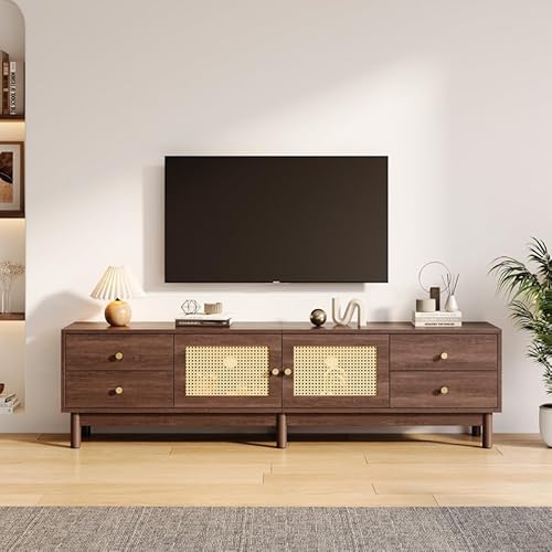 LORISMAI TV-Schrank,180cm Langer in dunkler Holzoptik mit Zwei Rattantüren, Vier Schubladen, Kabelmanagement und hydraulischen Scharnieren – Für Fernseher bis zu 80 Zoll geeignet von LORISMAI