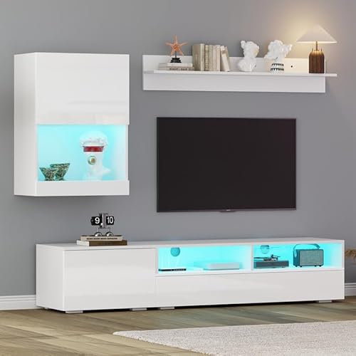 LORISMAI TV-Schrank -175 * 39 * 34cm TV Wohnwand-Set mit Vitrine (Komplett-Set, 3-St),Mediawand inkl.Board, Standregal und Wandregal,Wohnzimmermöbel-Set mit LED und Hochglanz,Weiß von LORISMAI