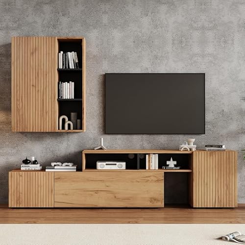 LORISMAI TV-Schrank -TV Wohnwand-Set mit Vitrine (Komplett-Set, 2-St),Wohnzimmermöbel-Set,Flexible Länge bis 265 cm,stehend&hängend,bis 120',Holzfarbe+Schwarz von LORISMAI