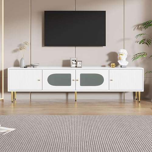 LORISMAI TV-Schrank – Weißer Korpus mit Goldenen Beinen und Griffen, 2 Türen mit Vertikalrillen, 2 Türen mit Bogenglas, 35KG Tragkraft,TV-Schrank,TV-Board,TV-Unterschrank von LORISMAI