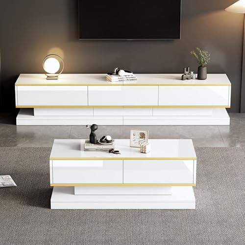 LORISMAI TV-Schrank- und Couchtisch-Set, TV-Konsole mit 3 Schubladen, Couchtisch mit 2 Schubladen, Goldbesatz, für das Wohnzimmer, Fernsehtis und kaffetisch LORISMAI TV-Schrank- und Couchtisch-Set, TV-Konsole mit 3 Schubladen, Couchtisch mit 2 Schubladen, Goldbesatz, für das Wohnzimmer, Fernsehtis und kaffetisch von LORISMAI