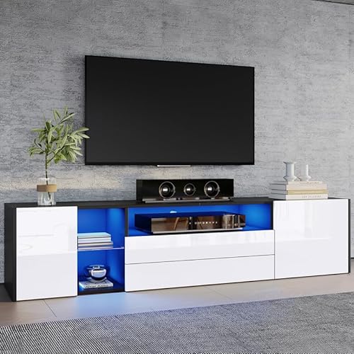 LORISMAI TV-Standschrank, Hochglanz-LED-Lowboard-TV-Schrank, TV-Ständer mit 2 Schubladen und 2 Schränken, geeignet für 75-Zoll-Fernseher, schwarz-weißer Spleiß,180x40x45cm von LORISMAI