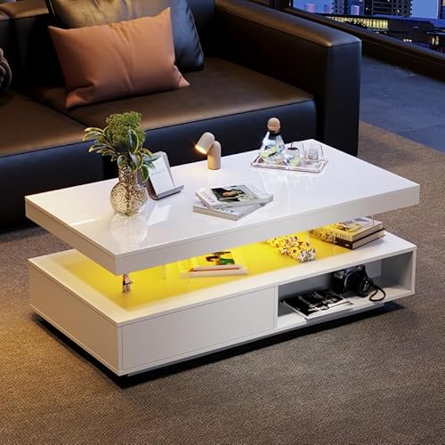 LORISMAI Weißer Hochglanz Couchtisch 95x50x42,5 cm - mit 4 Glasplatten, 2 Schubladen und 2 offenen Fächern, Unterschrank im Wohnzimmer von LORISMAI