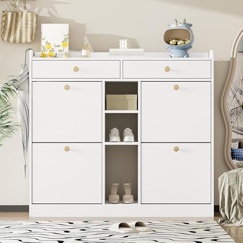 LORISMAI Weißer Schuhschrank mit 4 Klapptüren, 2 Schubladen, 3 offenen Fächern - perfekt für Moderne Flure und Eingangsbereiche, Maße 110 x 26 x 100 cm LORISMAI Weißer Schuhschrank mit 4 Klapptüren, 2 Schubladen, 3 offenen Fächern - perfekt für Moderne Flure und Eingangsbereiche, Maße 110 x 26 x 100 cm von LORISMAI