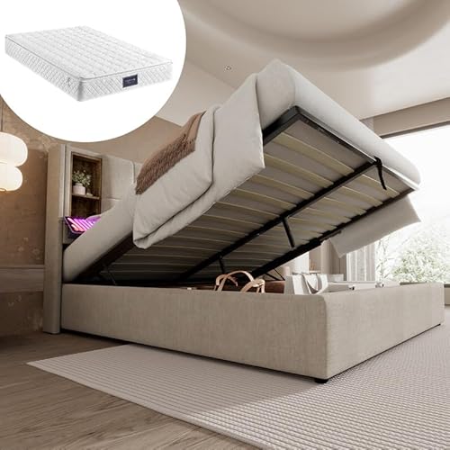 Polsterbett Bettgestell 140x200cm,Doppelbett mit Kabellosem Laden USB C, Bettgestell mit Stauraum Lattenrost aus Holz-Natürlich Leine(Mit Matratze) von LORISMAI