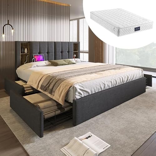 Polsterbett Bettgestell 160x200cm,Doppelbett mit Kabellosem Laden USB C& 4 Schubladen,Lattenrost aus Holz-Grau Leinen (Mit Matratze) von LORISMAI