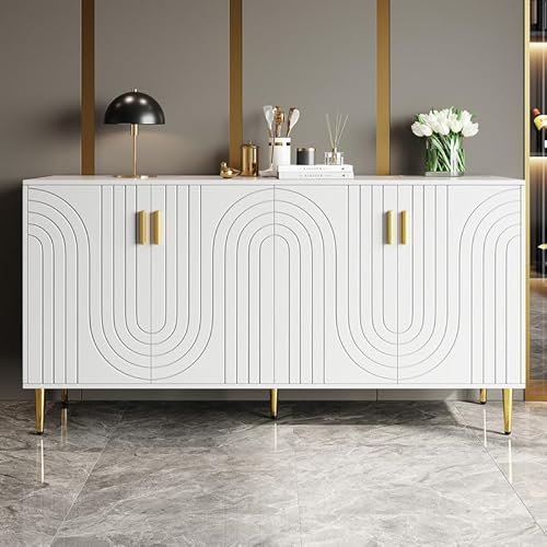 LORISMAI Sideboard,(152 x 40 x 75 cm) mit einzigartigem Wellendesign und goldenen Griffen und Füßen für einen eleganten Essbereich,Weißes von LORISMAI