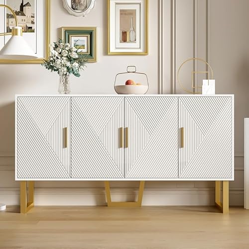 Sideboard mit hochglänzenden strukturierten Türen und goldenen Griffen,150cm moderner, luxuriöser weißer 4-Türen-Design, höhenverstellbare Regale Sideboard mit hochglänzenden strukturierten Türen und goldenen Griffen,150cm moderner, luxuriöser weißer 4-Türen-Design, höhenverstellbare Regale von LORISMAI