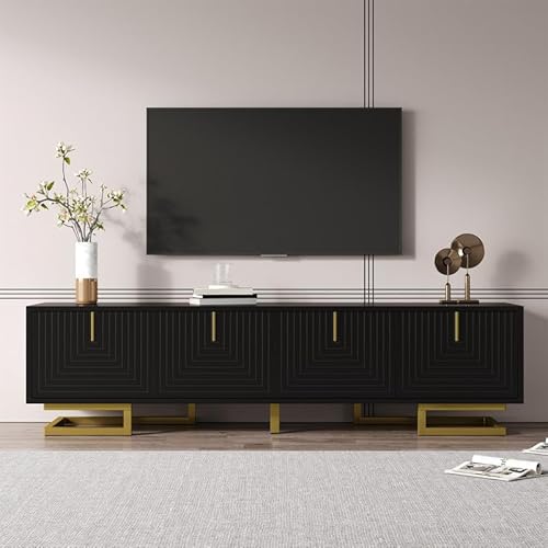 TV-Schrank, Lowboard mit strukturierten Türen, TV-Möbel, goldene Griffe und goldene Beine-Schwarz TV-Schrank, Lowboard mit strukturierten Türen, TV-Möbel, goldene Griffe und goldene Beine-Schwarz von LORISMAI