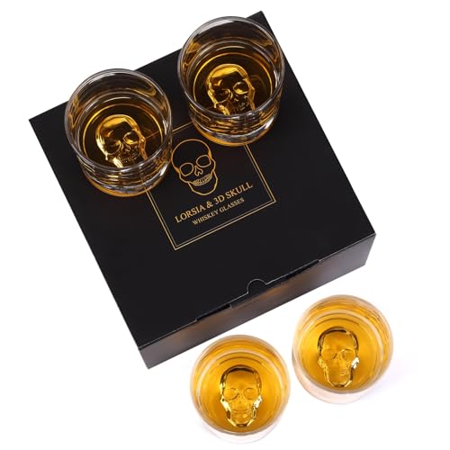 Totenkopf Whiskeyglas, 2er Set in Geschenkbox - 300 ml Kristall Whiskygläser für Scotch, Cocktails, Rum, Cognac, Likör, Halloween, Weihnachten, Erntedankfest Geschenke für Männer (4 Count (Pack of 1)) von LORSIA