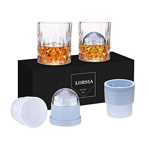 Whisky Gläser, 4er Set (2 Kristallgläser, 2 große Eiskugelformen) in Geschenkbox – 300 ml Whiskey für Scotch, Cocktail, Rum, Bourbon, Cognac, Wodka und Likör – Einzigartige Geschenke für Männer von LORSIA