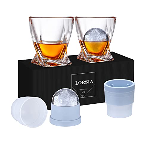 Whisky Gläser, 4er Set (2 Kristallgläser, 2 große Eiskugelformen) in Geschenkbox – 320 ml Whiskey Gläser für Scotch, Cocktail, Rum, Bourbon, Wodka und Likör – Einzigartige Geschenke für Männer von LORSIA