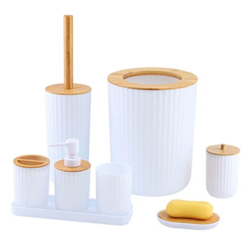 LOSOO Badezimmer Deko Set, Bad Accessoires - Mülleimer, Toilettenbürste, Lotionflasche, Mundwasserbecher, Zahnputzbecher, Seifendose, Wattestäbchendose, 7-Teilig von LOSOO