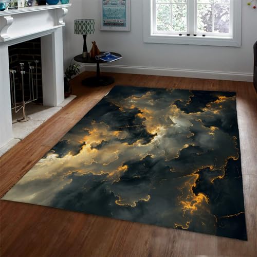 LOTIKS Gold und Schwarze Wolken Bereich Teppich Zeitgenössischer Innenboden Teppich Teppich für Schlafzimmer unter Esstisch Home Office Haus Dekor 150x210cm von LOTIKS
