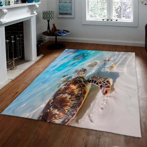 LOTIKS Strand Küstengebiet Teppich Schildkröte Tier Wohnzimmer Schlafzimmer Teppich Niederflor Teppich Perfekt für Eingangsbereiche Küchen Kinderzimmer Akzent Teppich 60x90cm von LOTIKS