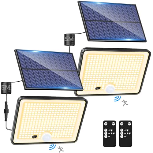 LOTMOS 2 Stück Solarlampen für Außen mit Bewegungsmelder, LED Aussenleuchte Solar IP65 Wasserdicht Solarleuchte 3 Modi Strahler mit Fernbedienung, Solar Lampe Outdoor für Garten Garage Aussen von LOTMOS