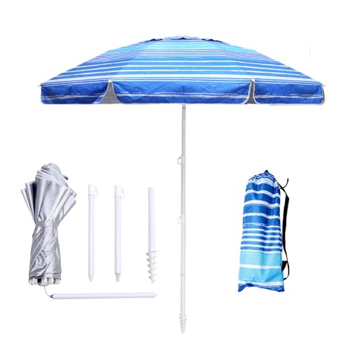 LOTTAFUN Strandschirm, strapazierfähig, windabweisend, UV 50+, tragbarer Sonnenschirm mit Sandanker und Tragetasche, Outdoor-Klappschirm für Strand, Pool, Terrasse, Garten (blaue Streifen) von LOTTAFUN