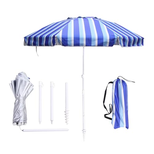 LOTTAFUN Strandschirm, strapazierfähig, windabweisend, UV 50+, tragbarer Sonnenschutz mit Sandanker und Tragetasche, Outdoor-Klappschirm für Strand, Pool, Terrasse, Garten (blaue vertikale Streifen) von LOTTAFUN