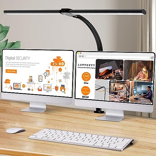 Doppelkopf Schreibtischlampe LED dimmbar,24W 80CM, klemmbar Homeoffice,Tageslichtlampe Schreibtisch Lampe, Schwanenhals Büro Tischlampe schwarz, Augenschutz Monitor, 5 Farbmodi von LOTTBUTY